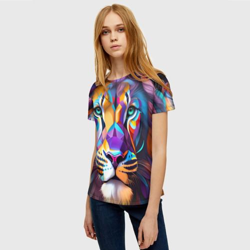 Женская футболка 3D с принтом Голова льва росписного, фото на моделе #1