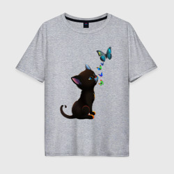Мужская футболка хлопок Oversize Милый котёнок с бабочками