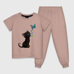 Детская пижама хлопок Милый котёнок с бабочками