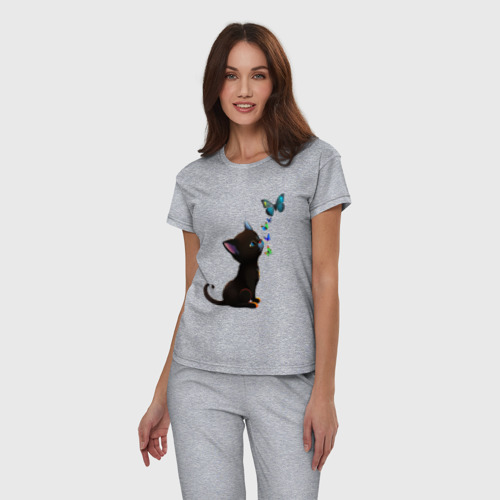 Женская пижама хлопок с принтом Милый котёнок с бабочками, фото на моделе #1