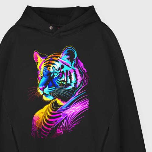 Мужское худи Oversize хлопок Neon tiger - pop art, цвет черный - фото 4