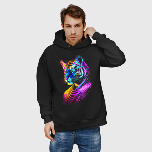 Мужское худи Oversize хлопок Neon tiger - pop art, цвет черный - фото 3