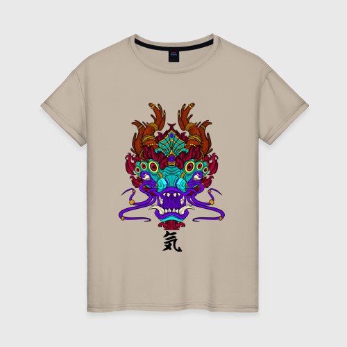 Женская футболка хлопок с принтом Азия Дракон, вид спереди #2