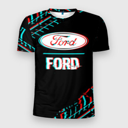 Мужская футболка 3D Slim Значок Ford в стиле glitch на темном фоне