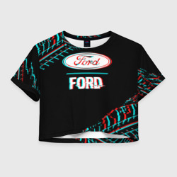 Женская футболка Crop-top 3D Значок Ford в стиле glitch на темном фоне