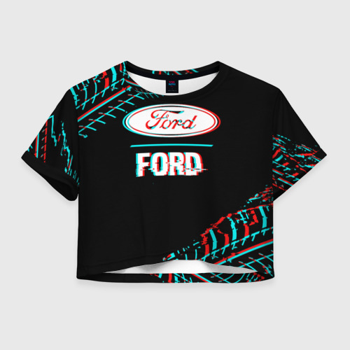 Женская футболка Crop-top 3D Значок Ford в стиле glitch на темном фоне, цвет 3D печать