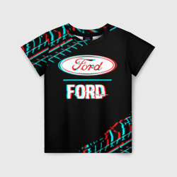 Детская футболка 3D Значок Ford в стиле glitch на темном фоне