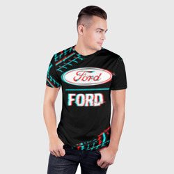 Мужская футболка 3D Slim Значок Ford в стиле glitch на темном фоне - фото 2