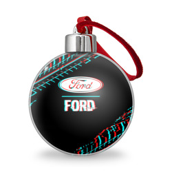 Ёлочный шар Значок Ford в стиле glitch на темном фоне