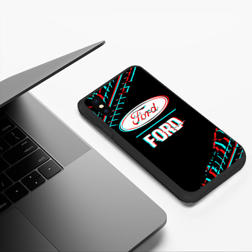 Чехол для iPhone XS Max матовый Значок Ford в стиле glitch на темном фоне - фото 5