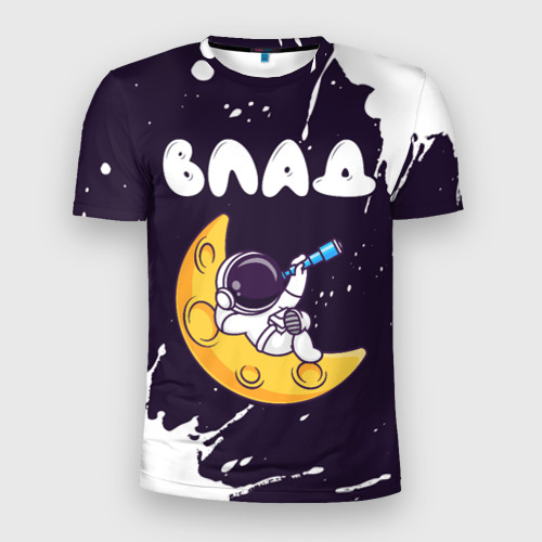 Мужская футболка 3D Slim с принтом Влад космонавт отдыхает на Луне, вид спереди #2