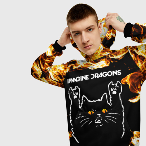 Мужская толстовка 3D Imagine Dragons рок кот и огонь, цвет черный - фото 5