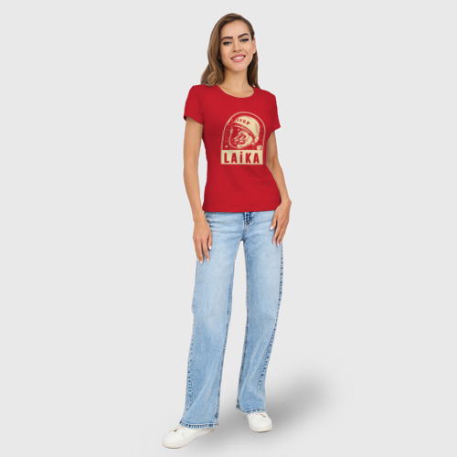 Женская футболка хлопок Slim Лайка в космосе, цвет красный - фото 5