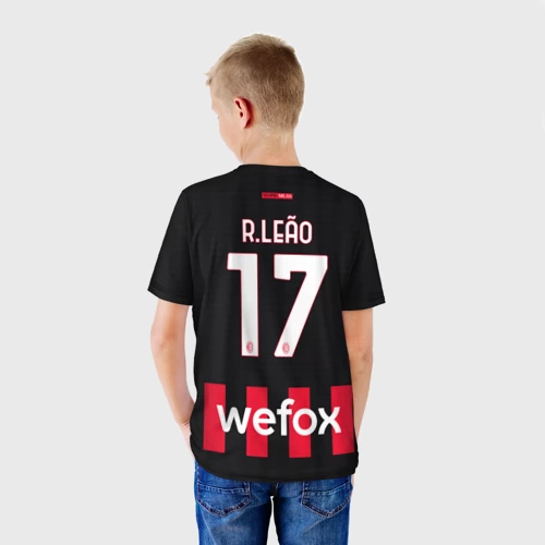 Детская футболка 3D с принтом Рафаэль Леао Милан форма 22-23 домашняя, вид сзади #2