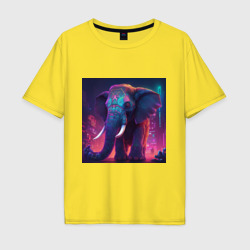 Мужская футболка хлопок Oversize Слон в неоновом городе