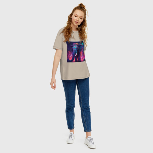 Женская футболка хлопок Oversize Слон в неоновом городе, цвет миндальный - фото 5