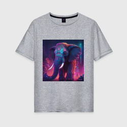 Женская футболка хлопок Oversize Слон в неоновом городе