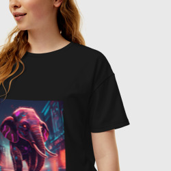 Женская футболка хлопок Oversize Кибер-слон в свете неона - фото 2