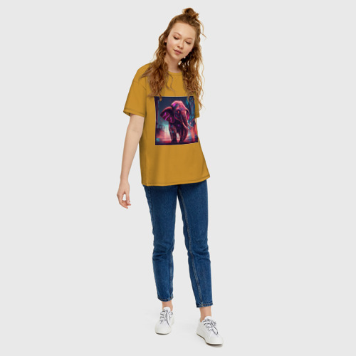 Женская футболка хлопок Oversize Кибер-слон в свете неона, цвет горчичный - фото 5