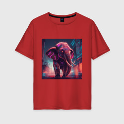 Женская футболка хлопок Oversize Кибер-слон в свете неона
