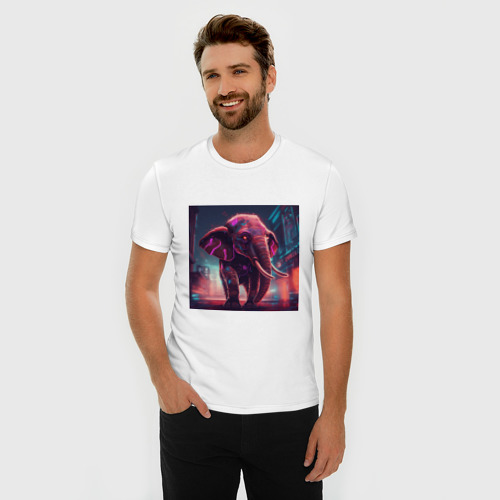 Мужская футболка хлопок Slim Кибер-слон в свете неона, цвет белый - фото 3