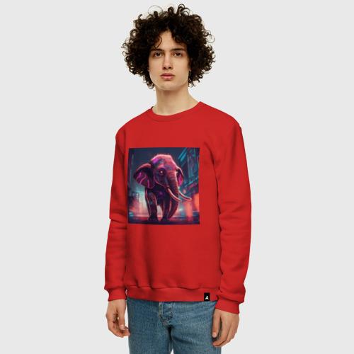 Мужской свитшот хлопок Кибер-слон в свете неона, цвет красный - фото 3