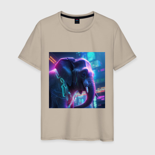 Мужская футболка хлопок Слон в лучах неона, цвет миндальный