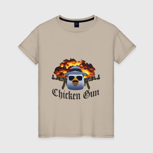 Женская футболка хлопок с принтом Chicken gun game, вид спереди #2