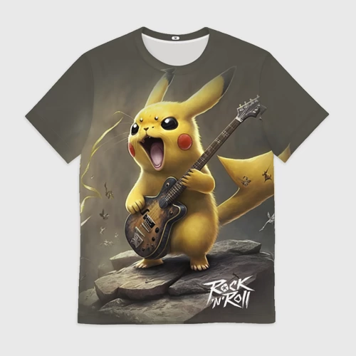 Мужская футболка 3D с принтом Pikachu rock, вид спереди #2