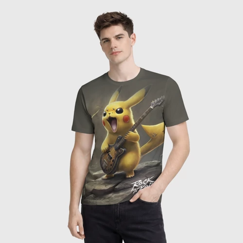 Мужская футболка 3D с принтом Pikachu rock, фото на моделе #1