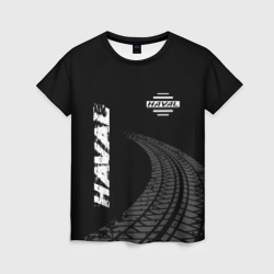Женская футболка 3D Haval Speed на темном фоне со следами шин: надпись, символ