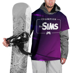 Накидка на куртку 3D The Sims gaming champion: рамка с лого и джойстиком на неоновом фоне