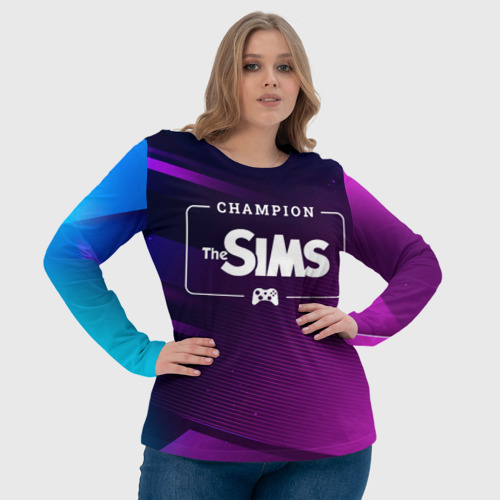 Женский лонгслив 3D с принтом The Sims gaming champion: рамка с лого и джойстиком на неоновом фоне, фото #4