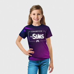 Футболка с принтом The Sims gaming champion: рамка с лого и джойстиком на неоновом фоне для ребенка, вид на модели спереди №3. Цвет основы: белый