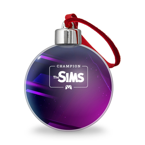 Ёлочный шар The Sims gaming champion: рамка с лого и джойстиком на неоновом фоне