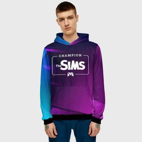 Мужская толстовка 3D The Sims gaming champion: рамка с лого и джойстиком на неоновом фоне, цвет черный - фото 3