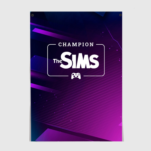 Постер The Sims gaming champion: рамка с лого и джойстиком на неоновом фоне