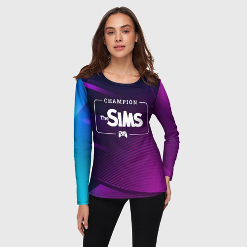 Женский лонгслив 3D с принтом The Sims gaming champion: рамка с лого и джойстиком на неоновом фоне, фото на моделе #1