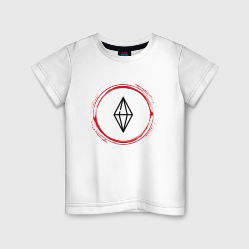 Детская футболка из хлопка с принтом Символ The Sims и красная краска вокруг, вид спереди №1