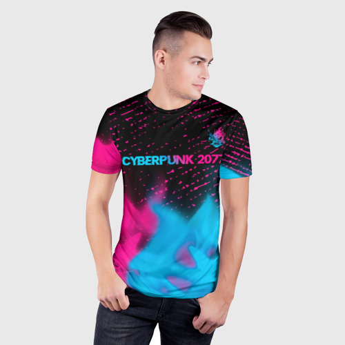 Мужская футболка 3D Slim Cyberpunk 2077 - neon gradient: символ сверху, цвет 3D печать - фото 3