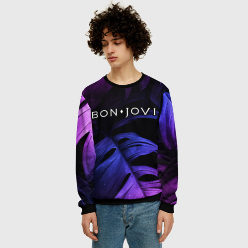 Мужской свитшот 3D Bon Jovi neon monstera, цвет черный - фото 3