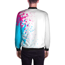 Бомбер с принтом Radiohead neon gradient style: по-вертикали для мужчины, вид на модели сзади №2. Цвет основы: черный