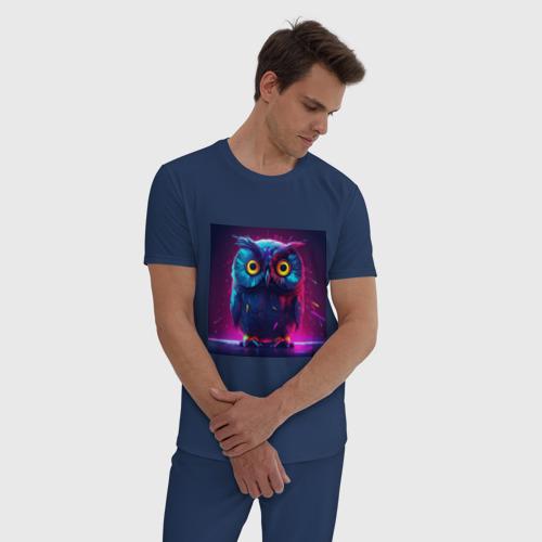 Мужская пижама хлопок Сова в свете неона, цвет темно-синий - фото 3