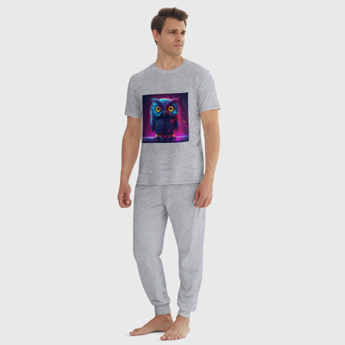 Мужская пижама хлопок с принтом Сова в свете неона, вид сбоку #3