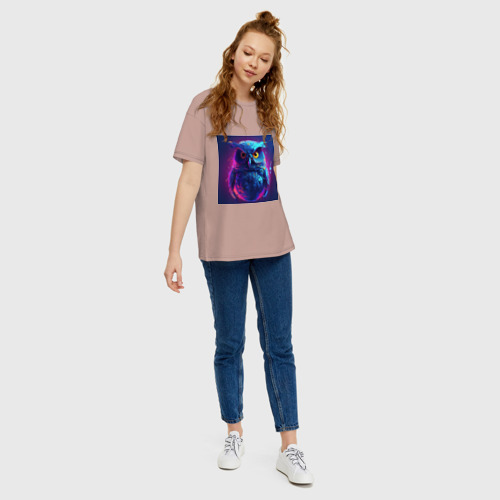 Женская футболка хлопок Oversize с принтом Сова в неоновых красках, вид сбоку #3