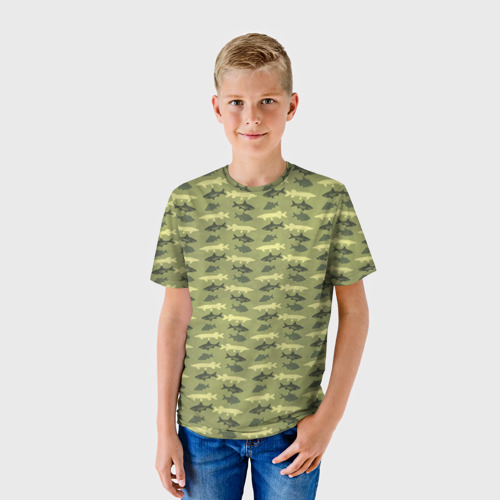 Детская футболка 3D с принтом Камуфляж рыболовный, фото на моделе #1