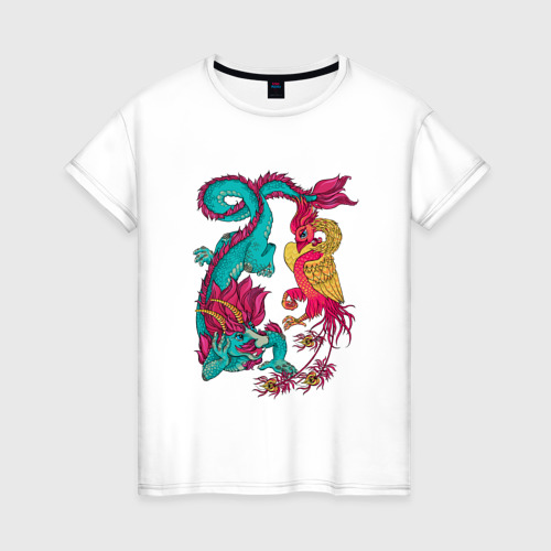 Женская футболка из хлопка с принтом Дракон и Феникс: символы любви и удачи, вид спереди №1