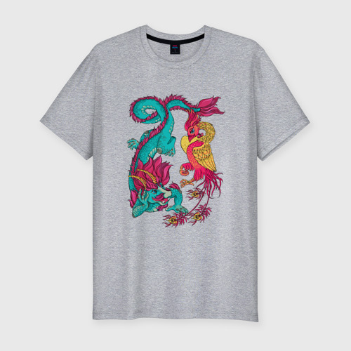 Мужская футболка хлопок Slim Дракон и Феникс: символы любви и удачи, цвет меланж