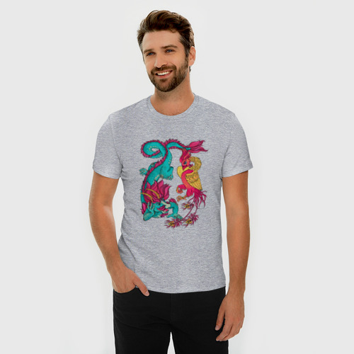 Мужская футболка хлопок Slim Дракон и Феникс: символы любви и удачи, цвет меланж - фото 3