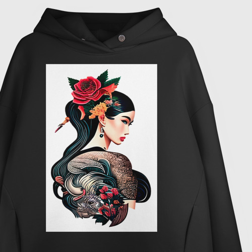 Женское худи Oversize хлопок Irezumi tattoo стиль девушка лотос, цвет черный - фото 3